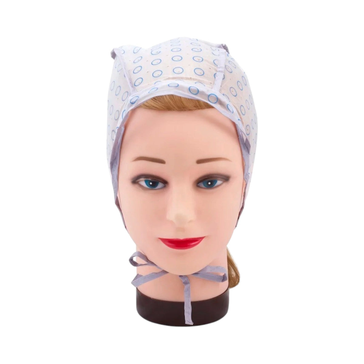 Gorra para rayos Splash!!! 1682-00 con ribete morado y cintas, colocada sobre un maniquí