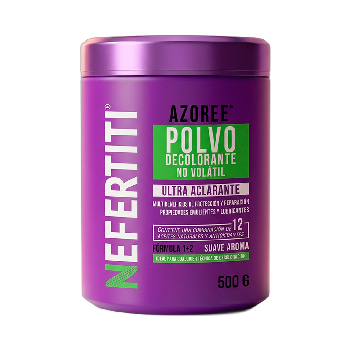 Nefertiti Azoree polvo decolorante Ultra Aclarante en tarro morado de 500 g.
