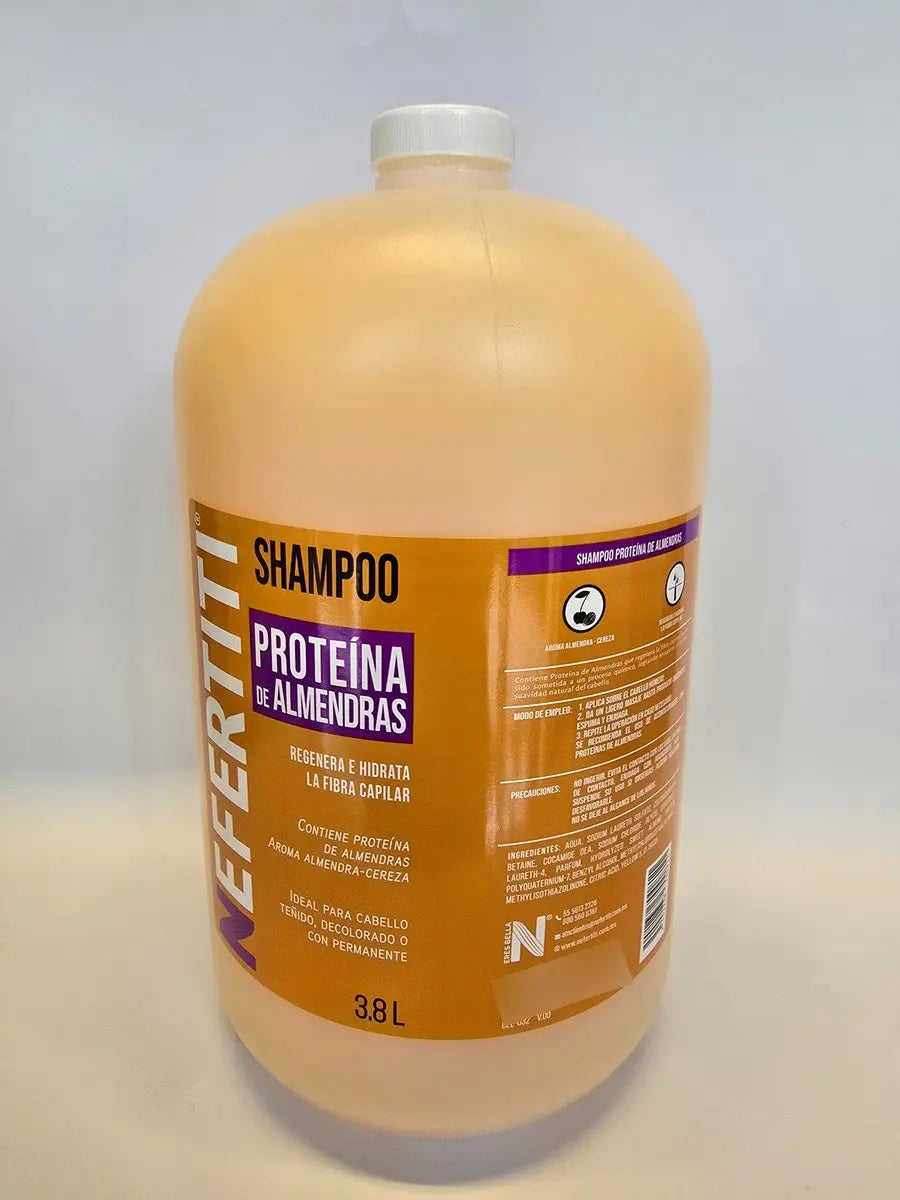 Garrafa de Nefertiti shampoo Proteína de Almendras 3.8 L, vista frontal y lateral de la etiqueta