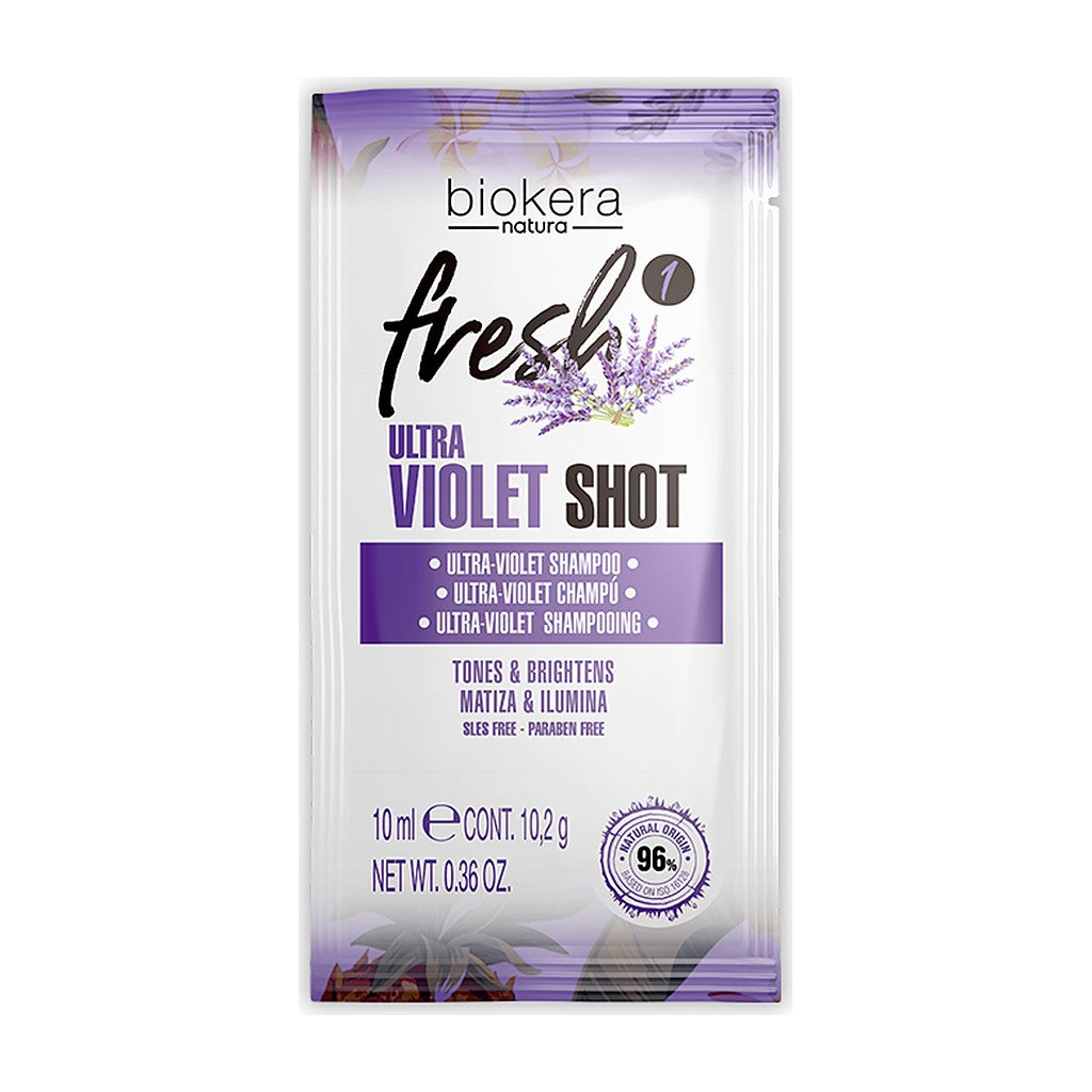 Shampoo matizador violeta Biokera Fresh Ultra-Violet Shot sobre 10 ml