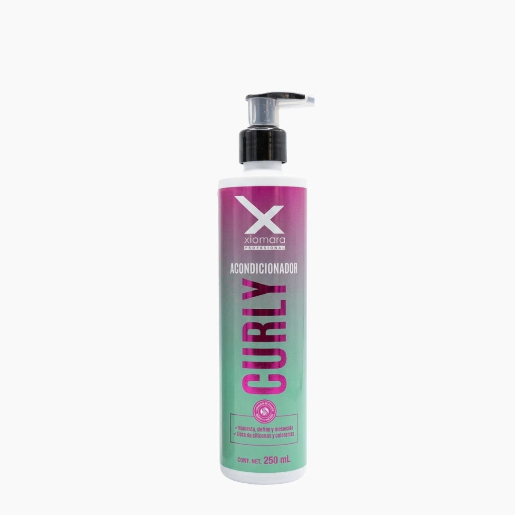 Xiomara Curly acondicionador definición e hidratación de rizos 250 ml, botella rosa y verde