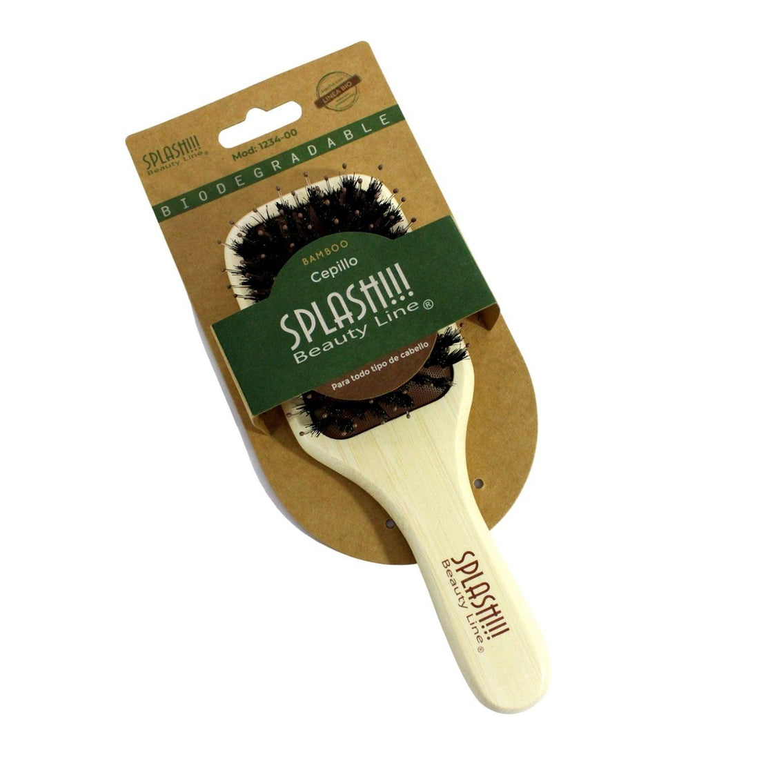 Cep.Cabello,Cuadrado  Ch C/Mango,Neumatico,Bambu C/Cerda  Nat/Nylon,Doble Altura,Col.Surt,7&quot;Splash Bio