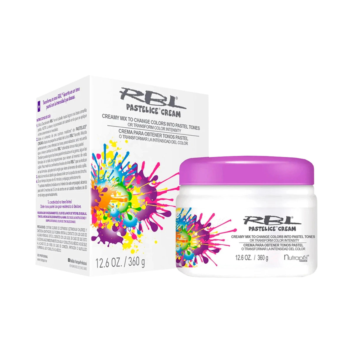 Tarro de Nutrapél RBL Pastelice Cream de 360 g junto a su caja con instrucciones de uso