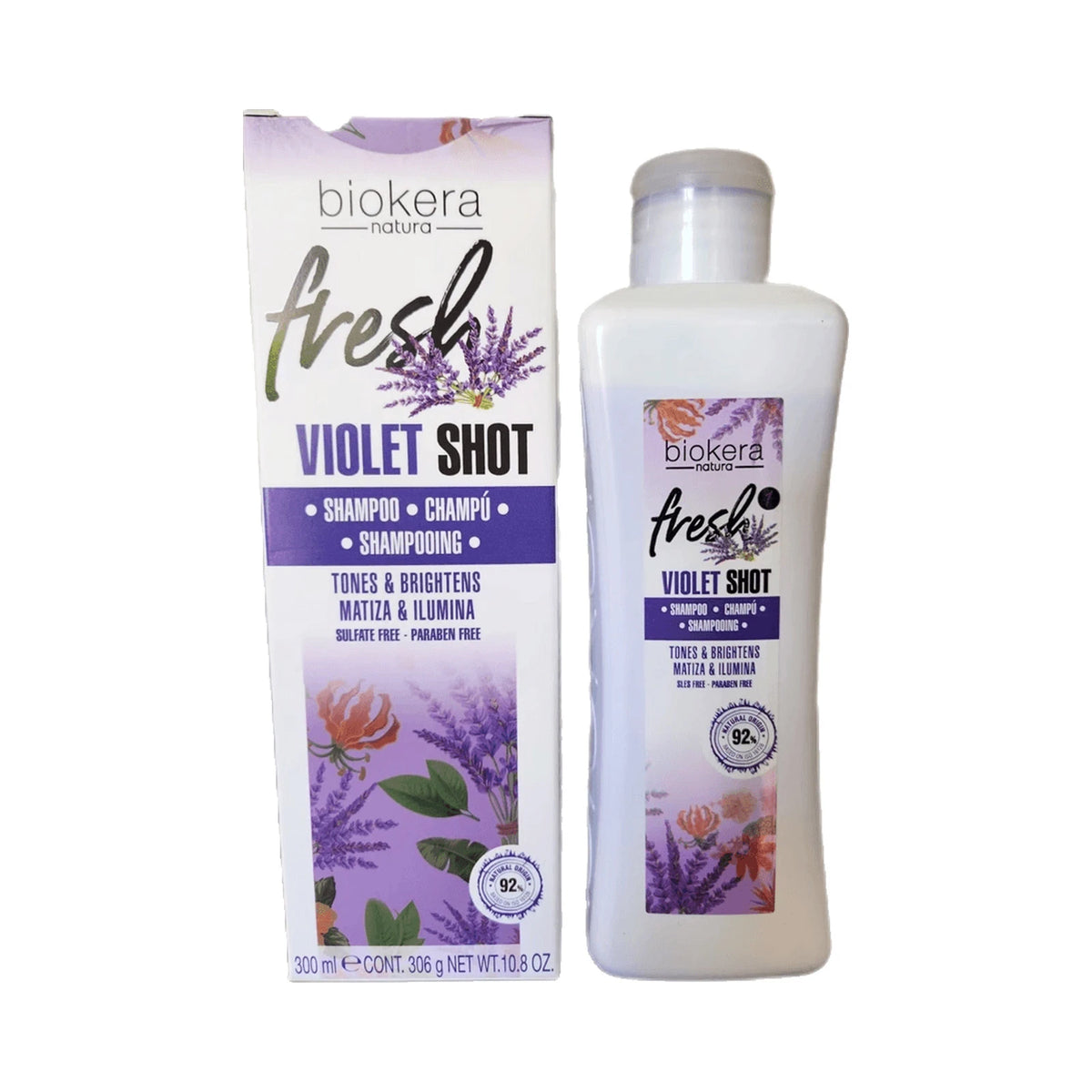 Biokera Fresh Violet Shot shampoo 300 ml, botella y caja