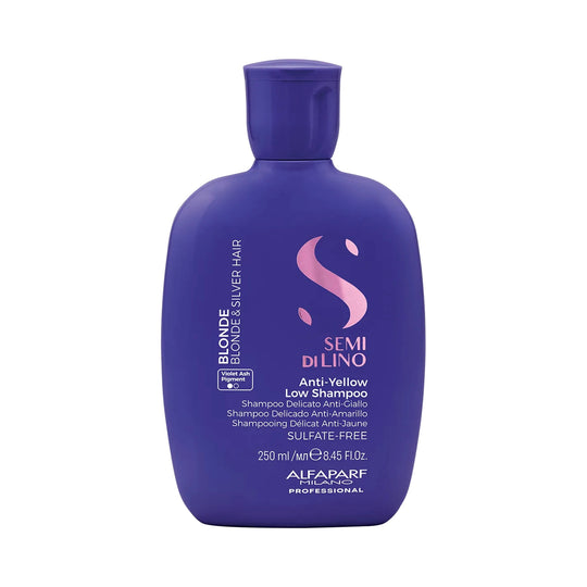 Botella de Alfaparf Semi di Lino Blonde Anti-Yellow Low Shampoo de 250 ml, vista frontal