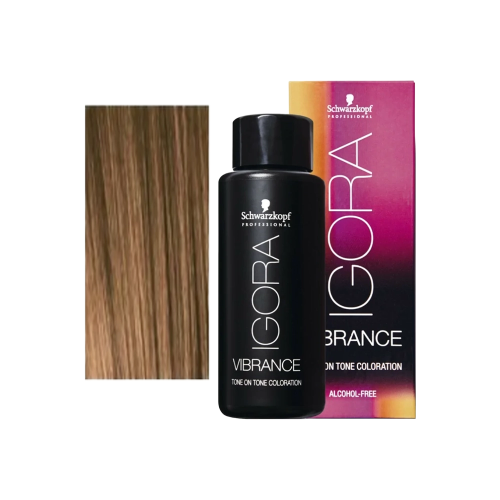 Schwarzkopf IGORA VIBRANCE Tinte Demipermanente 60 ml tono 7-0, frasco, caja y mechón