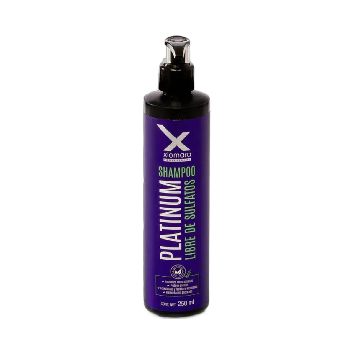 Botella morada con dosificador de shampoo Xiomara Platinum Libre de Sulfatos de 250 ml
