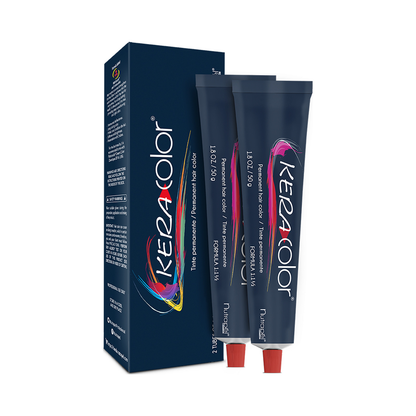 Nutrapel KeraColor Permanente: caja azul con dos tubos de 50 g, empaque oficial del fabricante