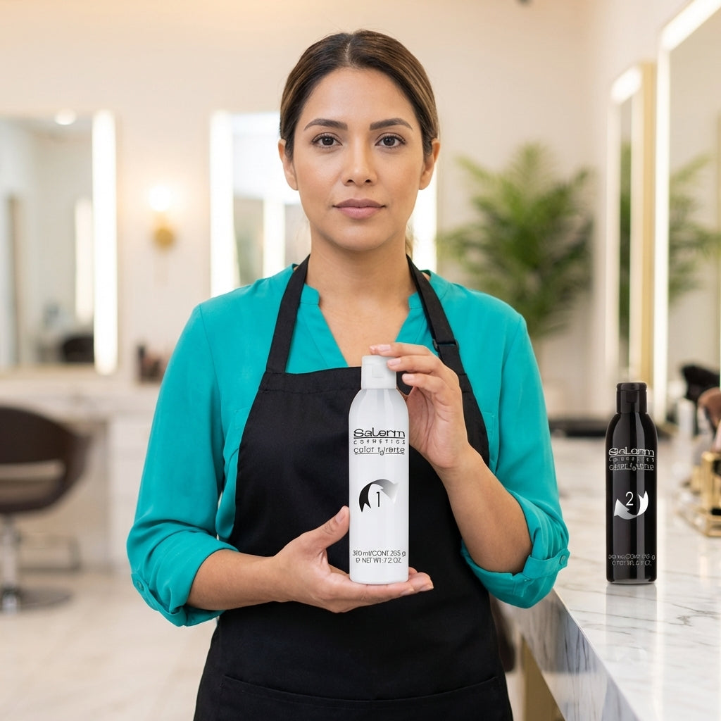 Estilista profesional utilizando Salerm Color Reverse en salón de belleza para quitar tinte