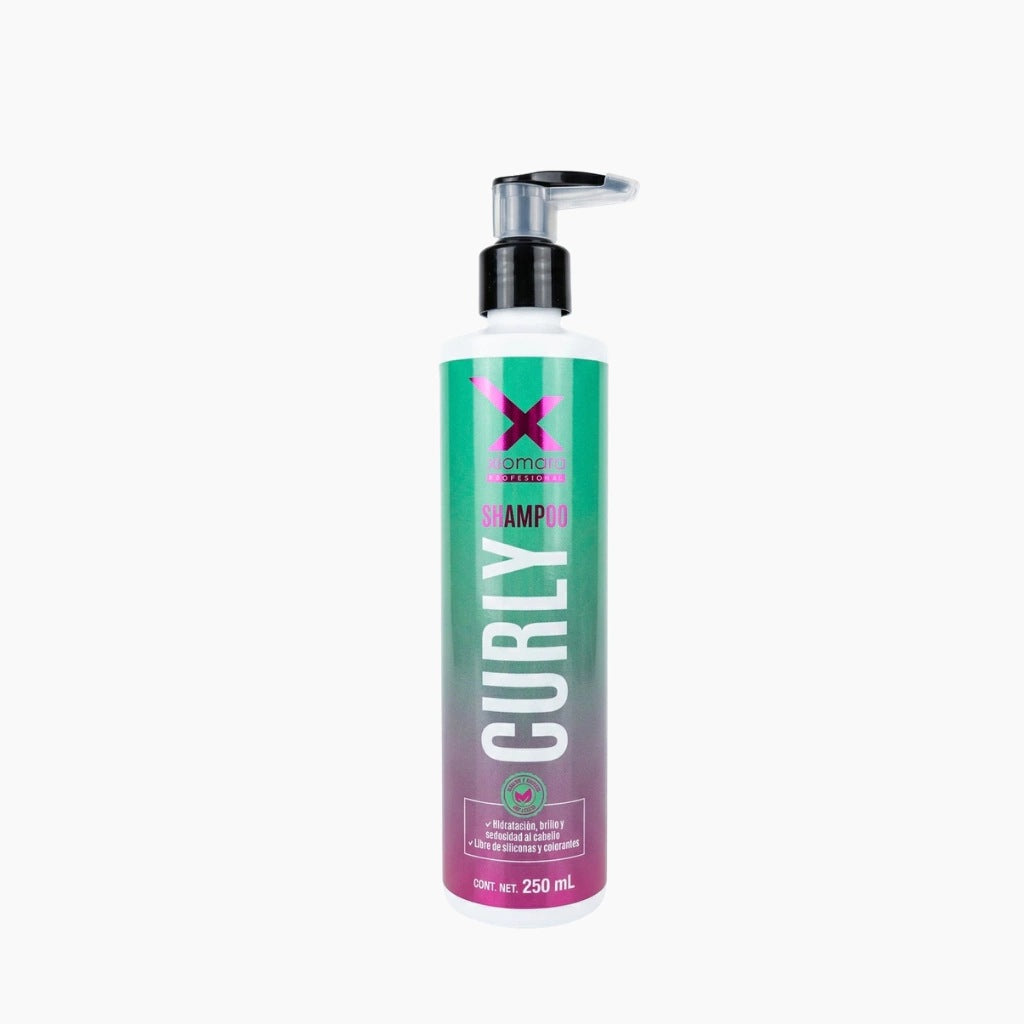 Xiomara Curly shampoo sin sulfatos para cabello rizado 250 ml, botella verde y rosa