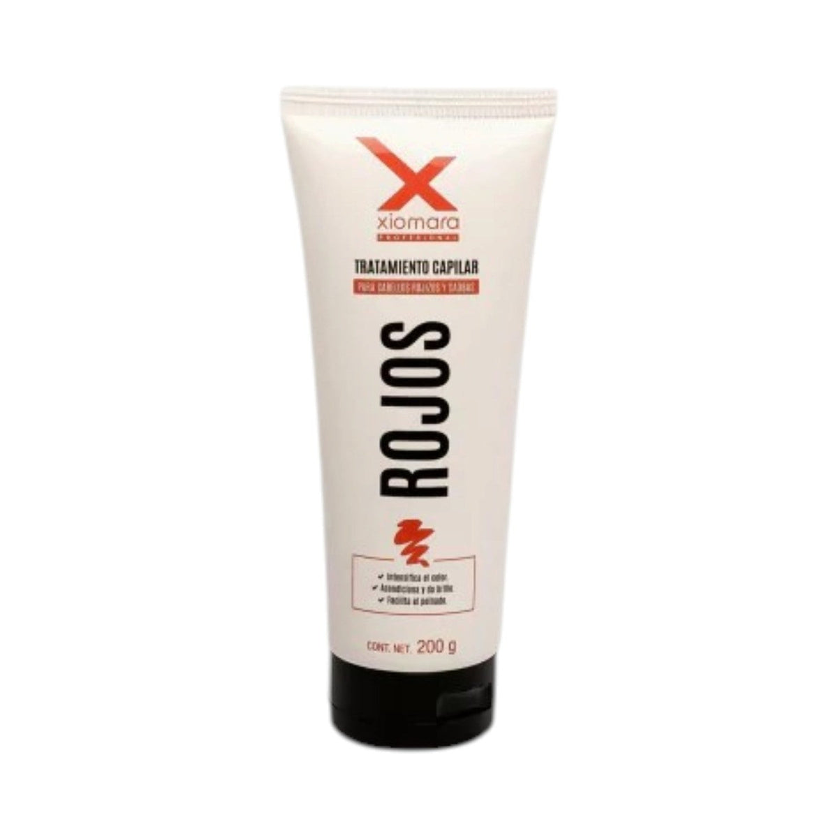 Tubo de mascarilla Xiomara Fixocolor tonos rojizos y caoba, etiqueta Rojos, de 200 g