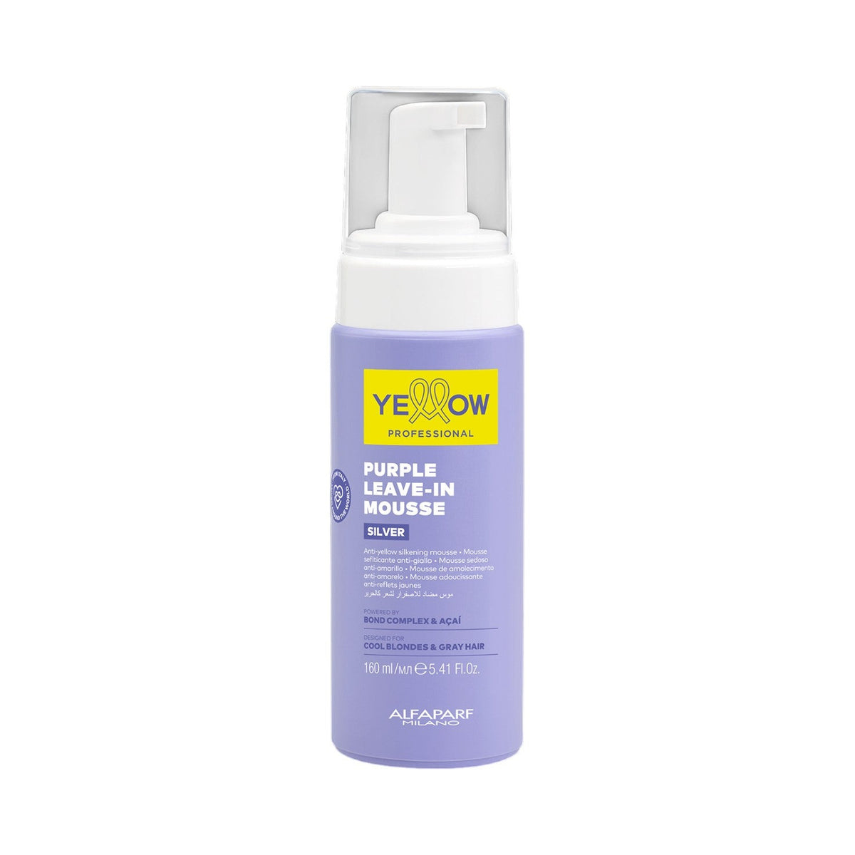 Botella con dispensador de Yellow Silver Purple Leave-In Mousse de 160 ml, vista frontal