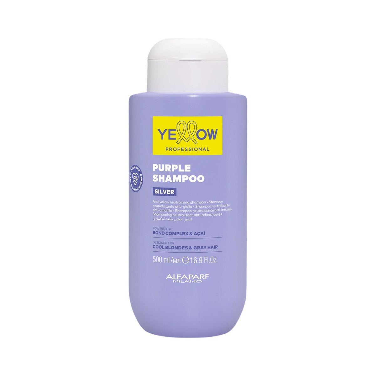 Botella de Yellow Silver Purple Shampoo de 500 ml, vista frontal